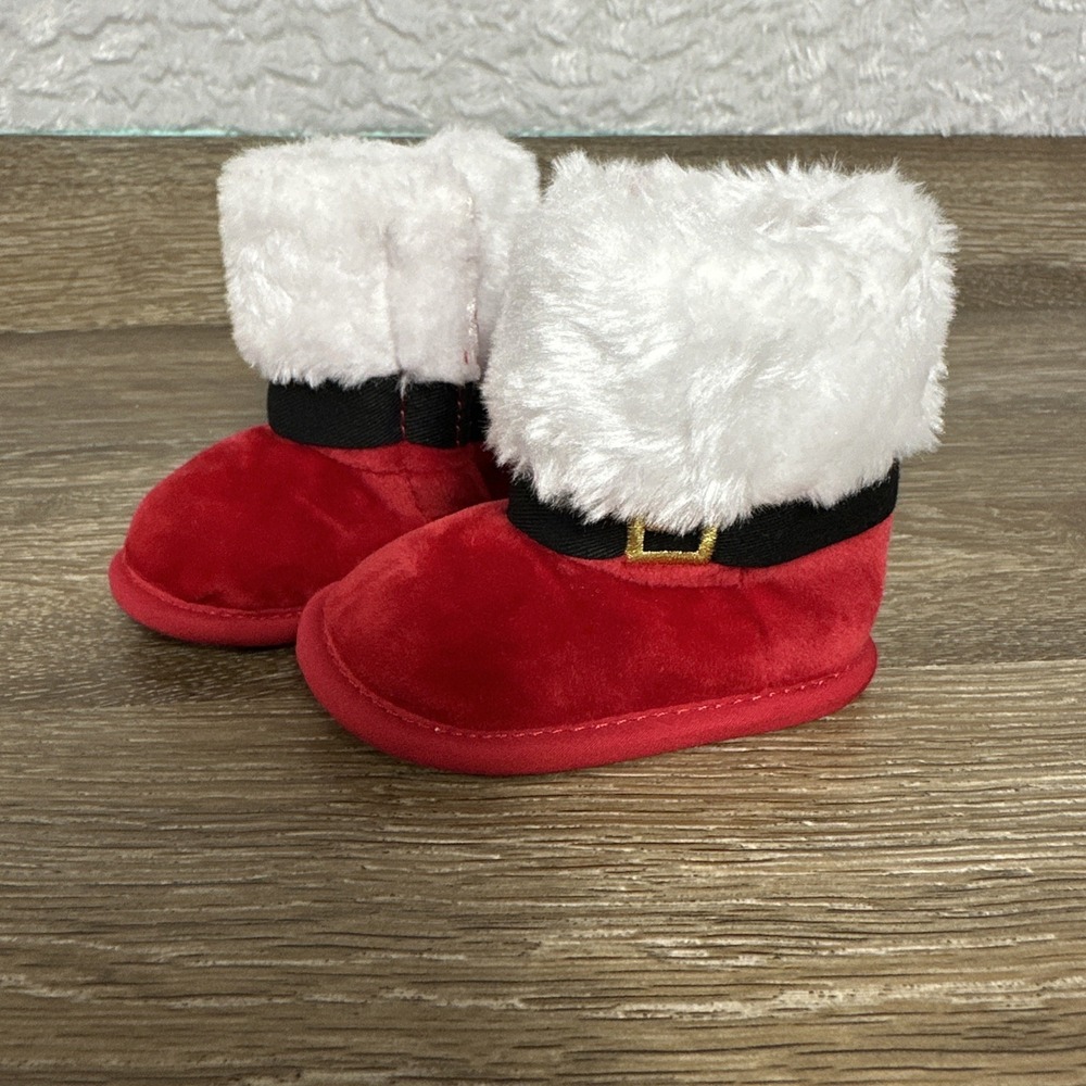 Little Me Baby Santa Christmas Crib Shoes Faux Fur Holiday Booties Soft Sole Red